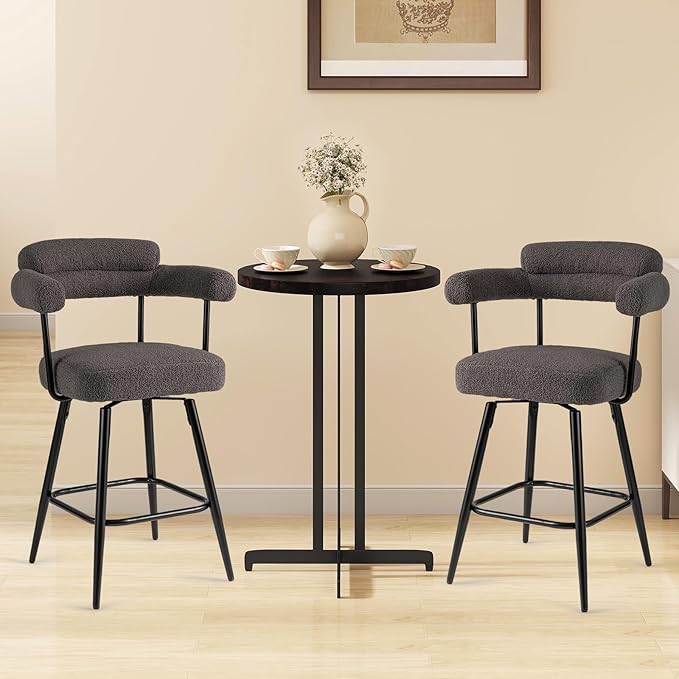 COSTWAY Counter Height Bar Stools Set of 2, 27" Swivel Modern Upholstered Counter Chairs with Boucle Fabric, Curved Backrests & Metal Legs, for Kitchen Island, Home (2, Grey + Black)