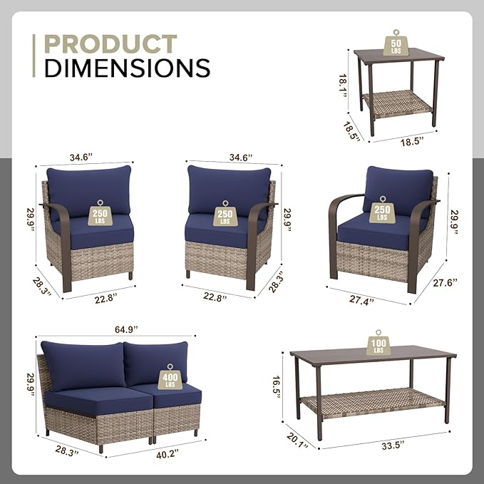 COOS BAY Aurora Terrace Half-Moon Outdoor Furniture Set, Rattan Conversation Set with Patio Chairs, Curved 4-Seat Sofa, Coffee Table & Side Table, Seats 6, Beige/Blue