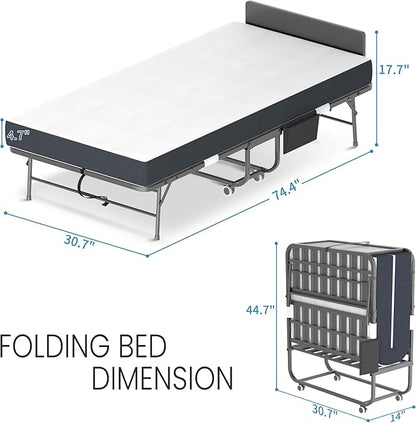 Folding Bed with Mattress for Adults, 75" x 31" Foldable Bed with Headboard and Side Pocket, Twin Size Metal Bed Frame with Wheels, Portable Rollaway Bed for Guest, Travel