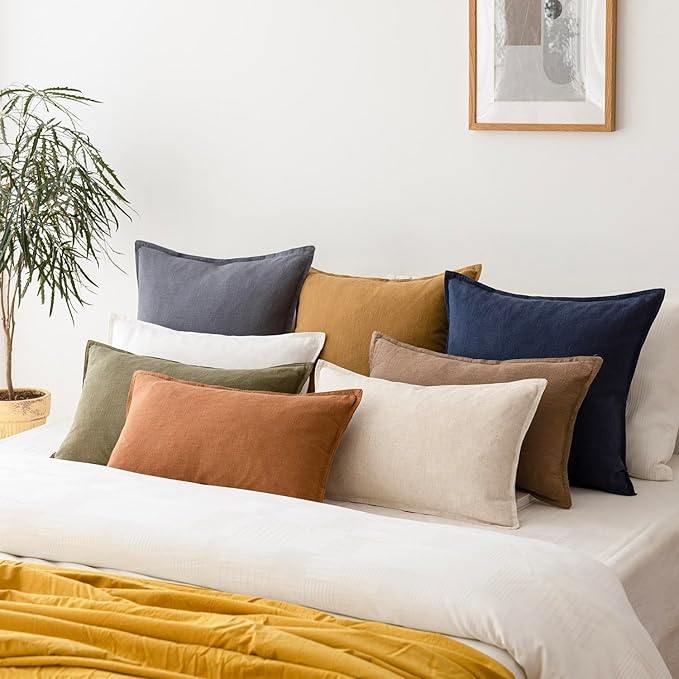 Foindtower Pack of 2, Decorative Linen Soild Throw Pillow Covers Soft Accent Square Cushion Case Boho Farmhouse Pillowcase for Chair Couch Sofa Bedroom Living Room Home Decor 16 x 16 Inch Navy Blue
