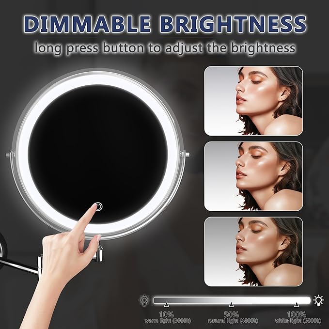 Hasipu 10-Inch Wall Mounted Makeup Mirror with Magnification, Rechargeable 3000 mAh Vanity Mirror with Lights, Bathroom Mirror with Dimmable Brightness, 3 Lighting Modes, Extendable Arm, Chrome