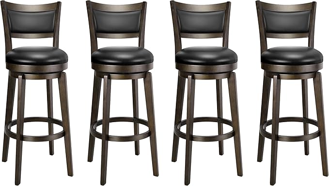 PrimeZone Swivel Bar Stools Set of 4, 32 Inch Tall Bar Height Barstools, Black Faux Leather Bar Stool with High Backrest & Solid Wood Legs & Wrap-Around Footrest, Counter Stools for Pub