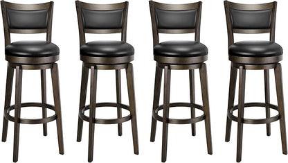 PrimeZone Swivel Bar Stools Set of 4, 32 Inch Tall Bar Height Barstools, Black Faux Leather Bar Stool with High Backrest & Solid Wood Legs & Wrap-Around Footrest, Counter Stools for Pub
