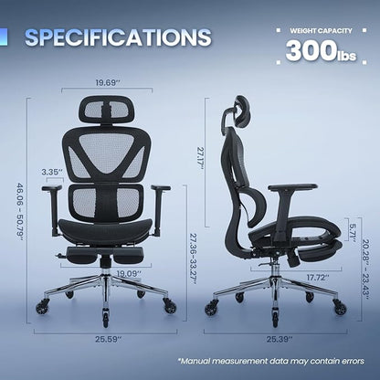 Ergonomic Mesh Office Chair with Adjustable Headrest, Lumbar Support, 3D Armrests & 4-Level Recline, Breathable Full Mesh Desk Chair for Home Office, 300LBS