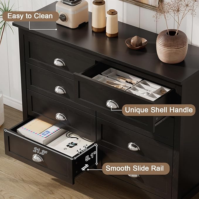 Black Dresser for Bedroom, Farmhouse 8 Drawer Double Dresser with Vintage Antique Handles, Modern Tall Dressers and Chest of Drawers for Bedroom