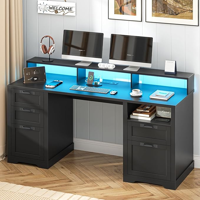 Halitaa 61" Farmhouse Executive Desk with Monitor Stand & File Drawers,Computer Desk with Storage Drawers,Large Workstation LED Lights and Power Outlets for Home Office,Study,Black