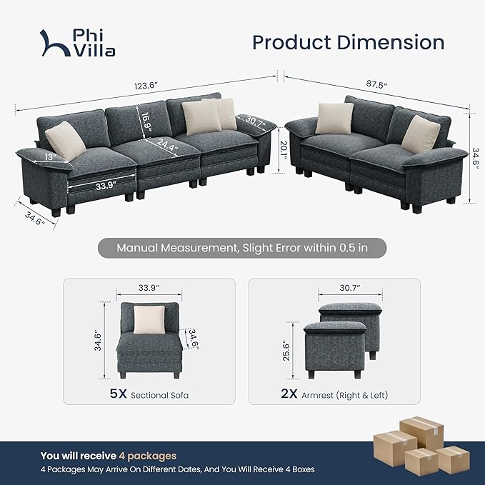 PHI VILLA Cloud Modular Couches Sets, 2 Pieces Comfy Sectional Sofa Set with Loveseat, 5-Seater Upholstered Couch for Living Room, Chenille Fabric, Dark Cyan
