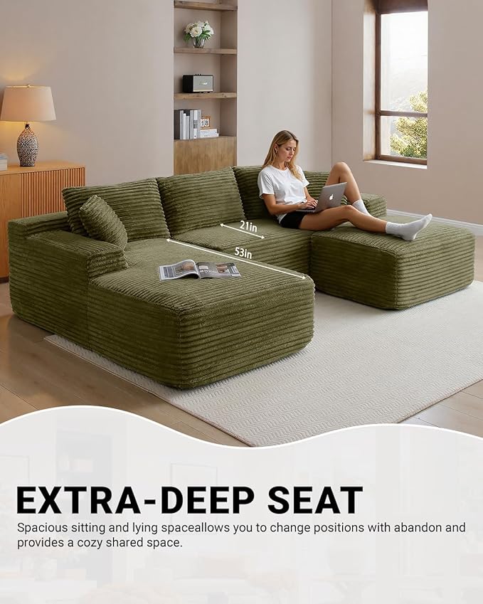 108 Inch Cloud Sectional Couch,Modern Modular Sectional Sofa with Deep Seat,Corduroy Boneless Couches with L-Shape Chaise for Living Room,No Assembly Required (Green, Left Facing Chaise + Ottoman)