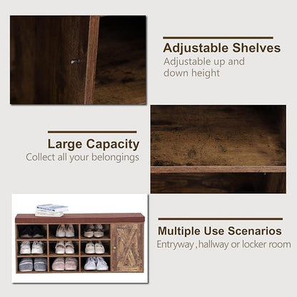 MFSTUDIO Shoe Storage Bench, Shoe Rack Bench with Barn Door Cabinet, 9 Open Compartments, Seating Cushion, Freestanding Shoe Rack Organizer for Entryway Hallway Bedroom, Rustic Brown, Large Size