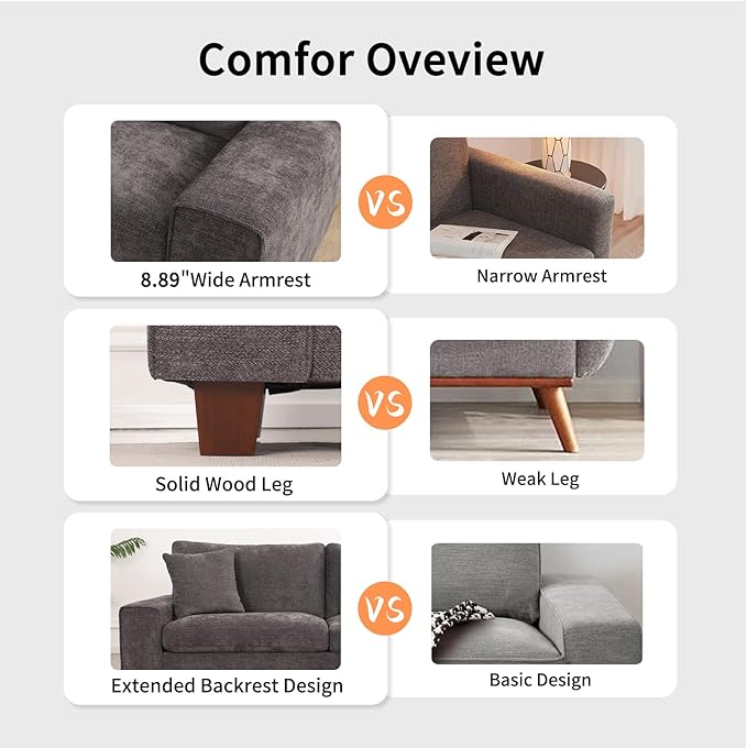 DOPEDIO Modern Loveseat Sofa for Living Room,Chenille Recliner, Removable Cover, Spring Cushions, Solid Wood Frame, Easy Assembly for Small Spaces (88.58inch，Dark Grey)