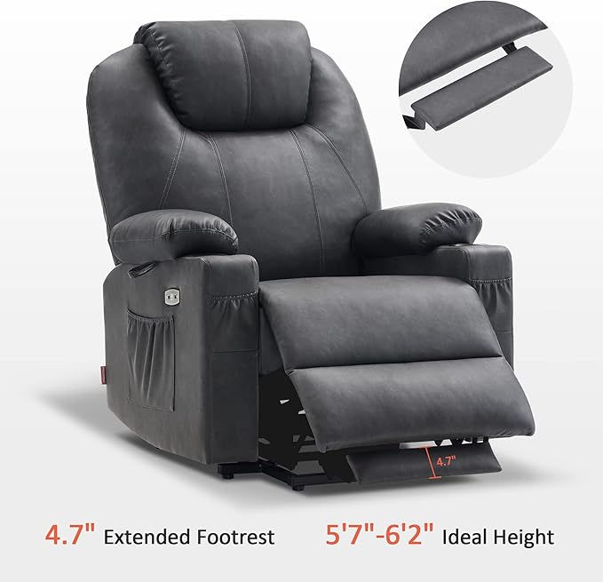 MCombo Dual Motor Large Power Lift Recliner Chair for Elderly, Lay Flat Lift Chair with Heat and Massage, Big Lift Recliner for Tall People, Faux Leather 7815 (Grey, Large)