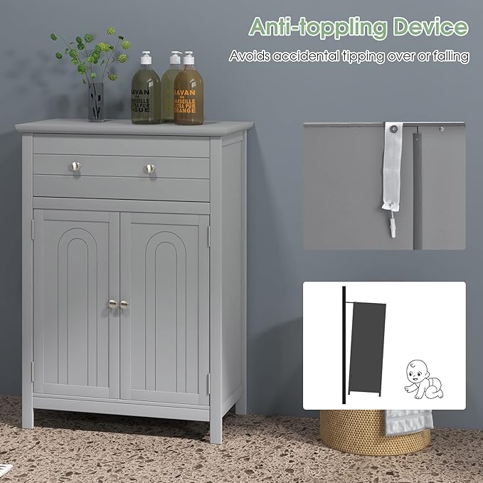 LOKO Bathroom Floor Cabinet, Kitchen Storage Cabinet with 1 Drawer, 2 Doors & 3-Position Adjustable Shelf, 2-Door Floor Storage Cabinet for Bathroom, Living Room, Entryway (Grey)