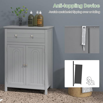 LOKO Bathroom Floor Cabinet, Kitchen Storage Cabinet with 1 Drawer, 2 Doors & 3-Position Adjustable Shelf, 2-Door Floor Storage Cabinet for Bathroom, Living Room, Entryway (Grey)