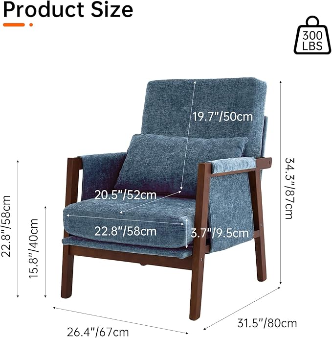 Accent Chair Mid-Century Modern with Lumbar Support Pillow, Upholstered Living Room Chairs with Wooden, Chenille Armchair with Cushion, Anthropologie Side Chair for Bedroom, Navy