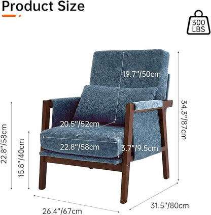 Accent Chair Mid-Century Modern with Lumbar Support Pillow, Upholstered Living Room Chairs with Wooden, Chenille Armchair with Cushion, Anthropologie Side Chair for Bedroom, Navy