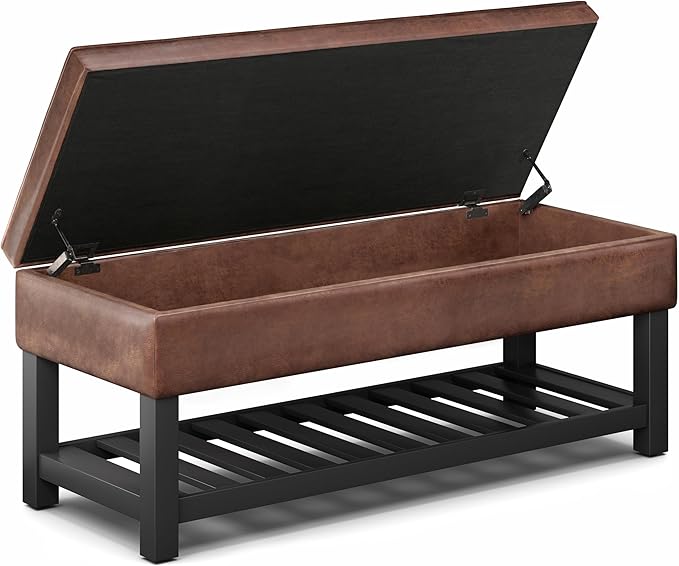 SIMPLIHOME Cosmopolitan 44 inch Wide Transitional Rectangle Storage Ottoman Bench with Open Bottom in Distressed Saddle Brown Vegan Faux Leather, Assembled for the Living Room and Bedroom