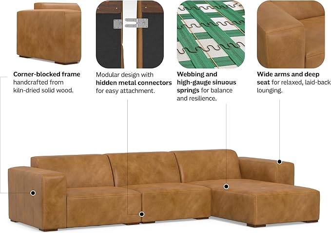 SIMPLIHOME Rex Right-Facing Modular Sectional Sofa in Full-Grain Genuine Leather, Sienna, 122-inches Wide, Handcrafted Modern-Style 4-Seater L-Shaped Leather Couch with Right Chaise for Living Room