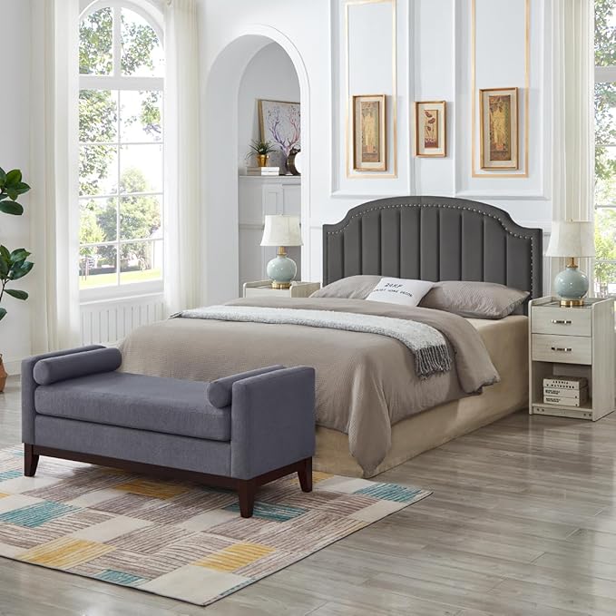 24KF Velvet Fabric Upholstered Queen/Full Headboard with Nail Trims,Modern Vertical Channel Design with Curved Headboard,6052-Q-Dark Gray