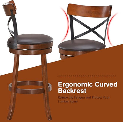 COSTWAY Bar Stool Set of 2, 360-Degree Swivel Solid Wood Stools with Soft Cushion & Backrest, 29.5”Height Kitchen Counter Bar Stools for Kitchen Island, Pub, and Restaurant (2, 29in)
