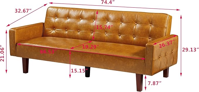 74" Loveseat Sofa with Vintage Button Tufting, Faux Leather Convertible Sleeper Futon Sofa Bed with Spring Cushion and Wood Legs for Apartments, Offices, Reception Areas, Living Rooms, Brown
