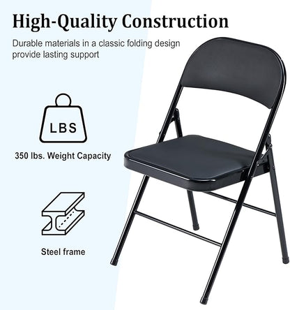 4 Pack Black Folding Chairs with Padded Cushion and Back, Portable Heavy Duty Metal Frame Commercial Seat with 330-LBS Capacity, Foldable Indoor Outdoor Chairs for Office Party Events Kitchen Dinning