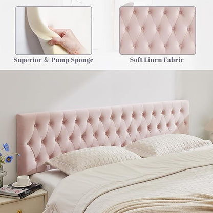 Kingfun Tufted Upholstered King Size Bed Headboard in Modern Button Design, Adjustable Solid Wood Head Board, Premium Velvet Fabric Padded Headboards in Bedroom (Pink)