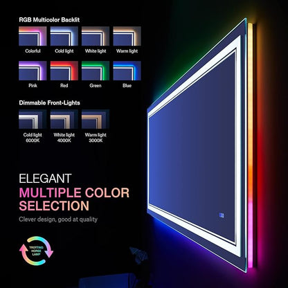 40x32 inch LED Bathroom Mirror with RGB Lights Color Changing Backlit Mirror Shatterproof Dimmable Anti-Fog Lighted Vanity Mirror (RGB Multicolor Backlit + Adjustable Front-Lighted)