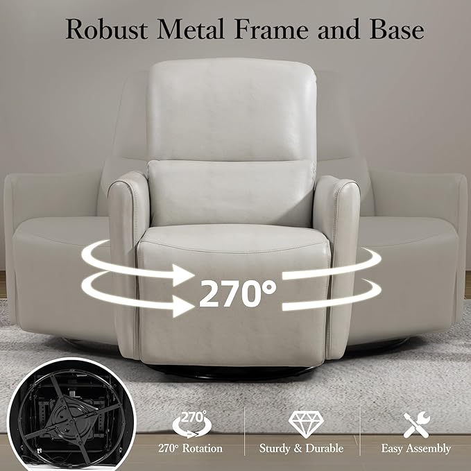 Power Swivel Recliner Chair, Faux Leather Glider Electric Rocking Chair for Adults. Nursery Rocker Single Sofa Chair with Lumbar Support for Living Room. Dual-Port Charging: Type-C&USB, Grey