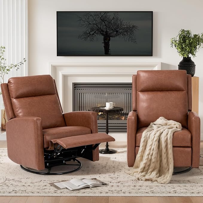 Swivel Rocking Recliner,Wide PU Leather Glider Sofa Chair with Ergonomic High Backrest for Living Room, Bedroom, Office（Cocoa）
