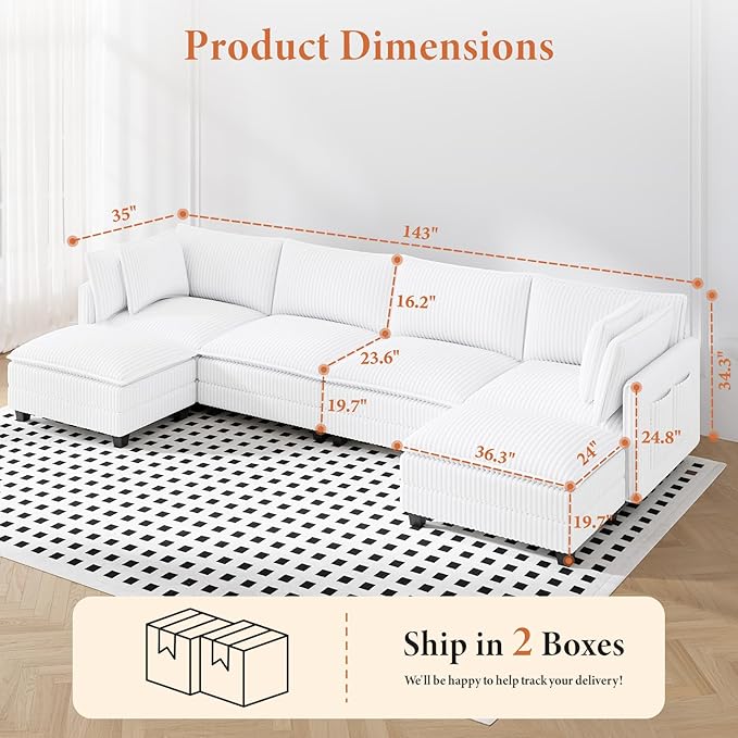 Vesgantti 143" U Shaped Sectional Modular Couch, Comfy Corduroy Upholstered Modular Cloud Sofas for Living Room, Modern Sectional Sofa with 2 Ottoman Deep Seat, Warm White
