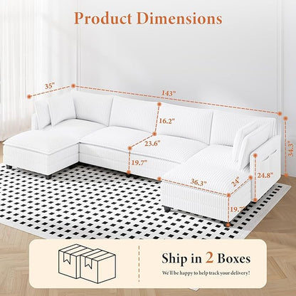 Vesgantti 143" U Shaped Sectional Modular Couch, Comfy Corduroy Upholstered Modular Cloud Sofas for Living Room, Modern Sectional Sofa with 2 Ottoman Deep Seat, Warm White