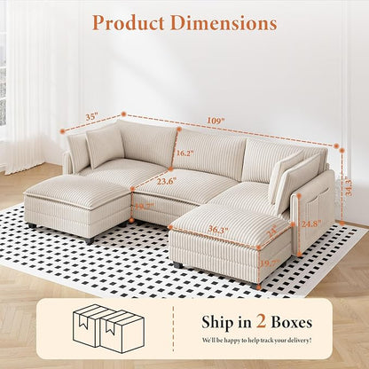 Vesgantti 109" U Shaped Cloud Sectional Sofa, Comfy Corduroy Upholstered Sectional Modular Sofas for Living Room, Modern Modular Couch with 2 Ottoman Deep Seat, Beige