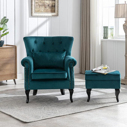 Accent Reading Arm Chairs with Ottoman Set of 2 for Living Room Bedroom, Midcentury Modern Corner Sofa Chair, Wingback Waiting Room Club Chair with Tufted Back &Lumbar Pillow, Velvet Teal
