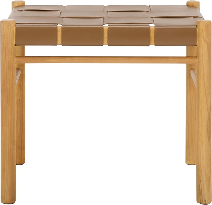 SAFAVIEH Couture Collection Devnie Brown Woven Leather & Natural Solid Wood Ottoman (Fully Assembled)