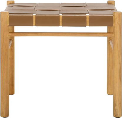 SAFAVIEH Couture Collection Devnie Brown Woven Leather & Natural Solid Wood Ottoman (Fully Assembled)