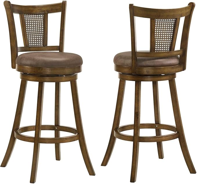 COSTWAY Barstools Set of 2, 30” Solid Rubber Wood Swivel Bar Chairs with Faux Leather Seat, Curved PE Rattan Back, for Living Room & Kitchen Island, Brown (2, 30” Seat Height)