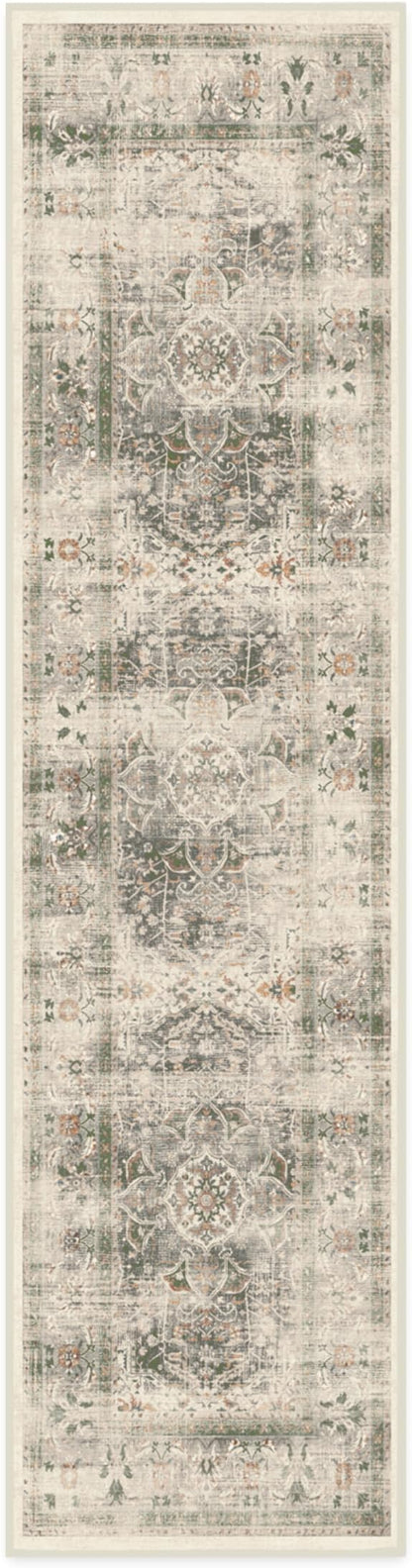 RUGGABLE Washable Vintage Runner Rug – Sarrah Sage 2.5x12, Stain-Resistant, Non-Slip Hallway Runner – Machine Washable Rug for Hallway, Entryway, Living Room & Kitchen – with Standard Pad
