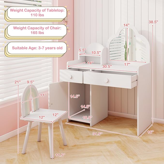 HONEY JOY Kids Vanity, Cloud Shape Wooden Girls Vanity Set with Mirror and Stool, Drawers, Storage Cabinet, Toddler Makeup Desk Dressing Table, Pretend Play Kids Vanity Table and Chair Set (White)