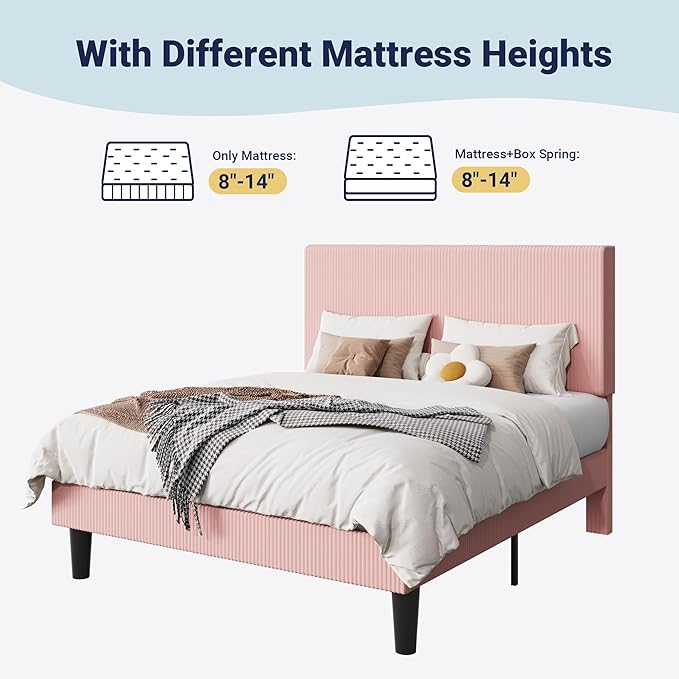 Allewie Full Size Upholstered Bed Frame with Vertical Channel Tufted Headboard, Soft Corduroy Fabric Platform Bed, Strong Wooden Slats Support, Easy Assembly, No Box Spring Needed, Light Pink