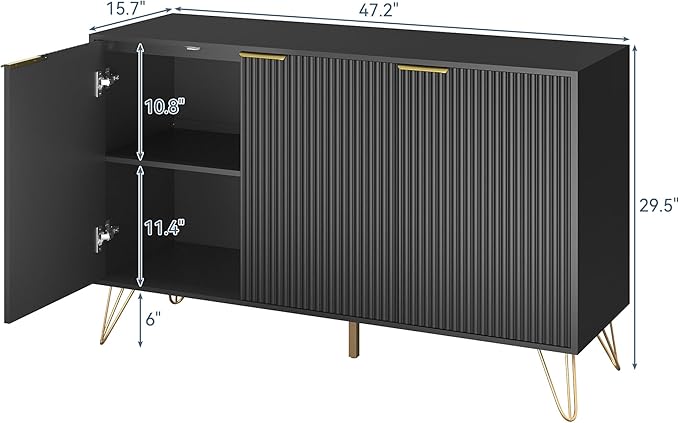 Fluted Buffet Cabinet,Wooden Console Storage with 3 Doors and Adjustable Shelves,Black Sideboard for Entryway,Kitchen,Bathroom,Home Office