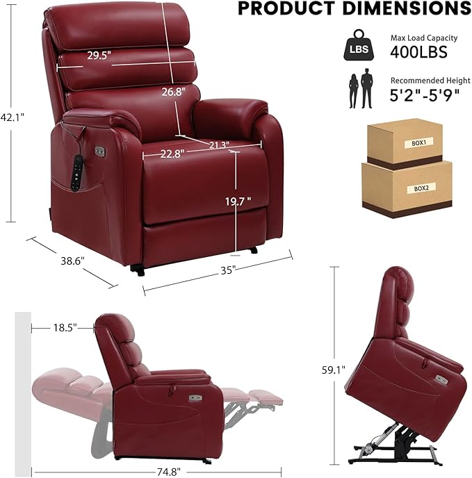 EONIX Dual Motor Lay Flat Power Lift Recliner Chair for Elderly, Breathable Faux Leather Electric Lift Chairs for Adults, 400lbs Heavy Duty Power Recliner with Heat and Massage, SLRY003061, Burgundy