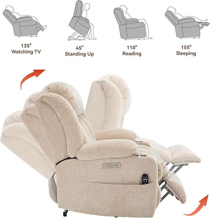 Power Lift Recliner Chair, 350lb Capacity with 8-Point Massage & Heating, USB/Type-C Ports & Cup Holders, Heavy Duty Chenille Recliner for Elderly, Beige