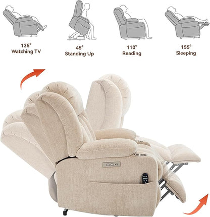 Power Lift Recliner Chair, 350lb Capacity with 8-Point Massage & Heating, USB/Type-C Ports & Cup Holders, Heavy Duty Chenille Recliner for Elderly, Beige