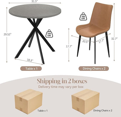 31.5" Round Dining Table and Chairs Set for 2, Small Dining Table Chairs Set Space-Saving, Small Dinette Sets for 2 for Kitchen Dining Room Apartment(Gray Table +Brown Chairs)
