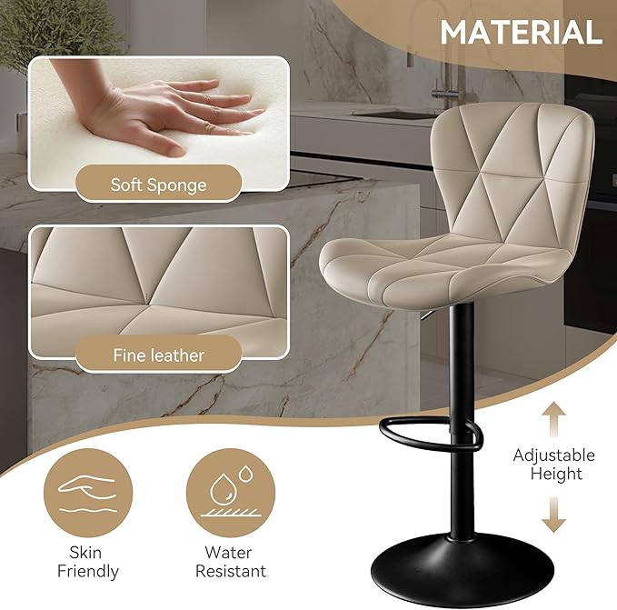 Bar Stools Set of 1,Adjustable Swivel Barstools, Faux Leather Bar Chairs,Upholstered Counter Height with High Backrest for Kitchen Island,Khaki
