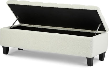 Christopher Knight Home Ottilie Boucle Fabric Storage Ottoman Bench, Wooden Rectangular Ottoman with Storage, Bedroom End of Bed Foot Stool, Entryway Ottoman Footrest, Living Room Extra Seat, White