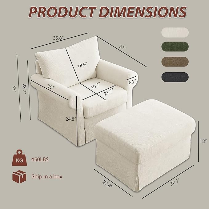 Modern Accent Chairs with Ottoman Set, Comfy Chenille Reading Armchair with Rolled Arms and Cushion Backrest, 35.8" W Single Living Room Chairs for Bedroom, Study, Apartment, Beige