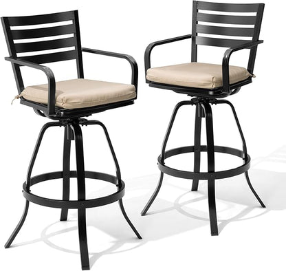 Pellebant 29.5" Sunbrella Outdoor Bar Stools Set of 2, Aluminum Swivel Patio Bar Height Bar Stools with Back & Footrest, Rust-Proof High Barstools for Deck Lawn Garden, Beige