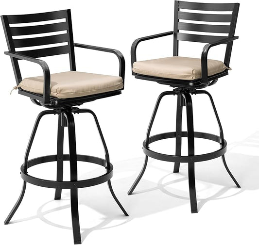 Pellebant 29.5" Sunbrella Outdoor Bar Stools Set of 2, Aluminum Swivel Patio Bar Height Bar Stools with Back & Footrest, Rust-Proof High Barstools for Deck Lawn Garden, Beige