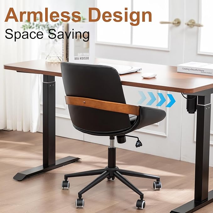 Small Home Office Chair No Arms,PU Leather Desk Chair with Wheels,Adjustable Height Work Chair,360° Swivel Computer Desk Chair for Office, Reading and Study (Black)